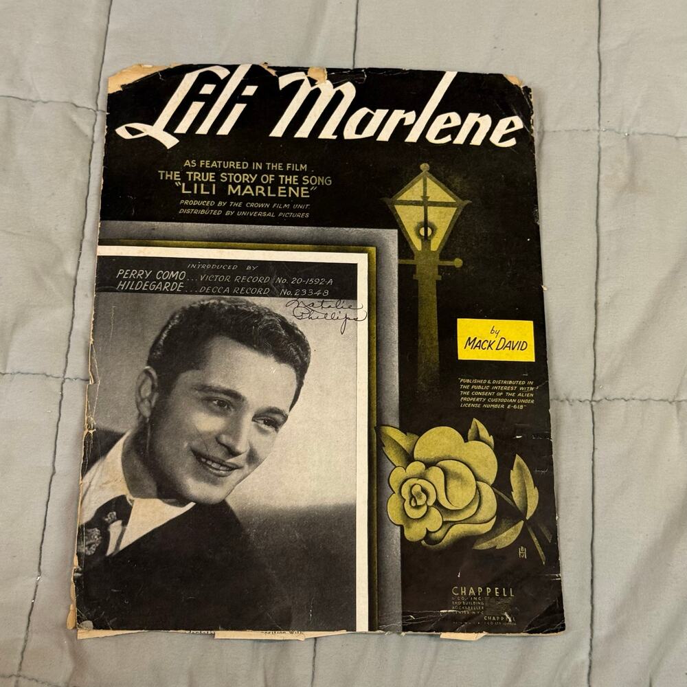 Lili Marlene 1943 Vintage Sheet Music Perry Como by Mack David Piano